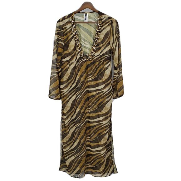 St. John Swim Womens Cover Up Maxi Dress Semi Sheer Beaded V Neckline Size XS